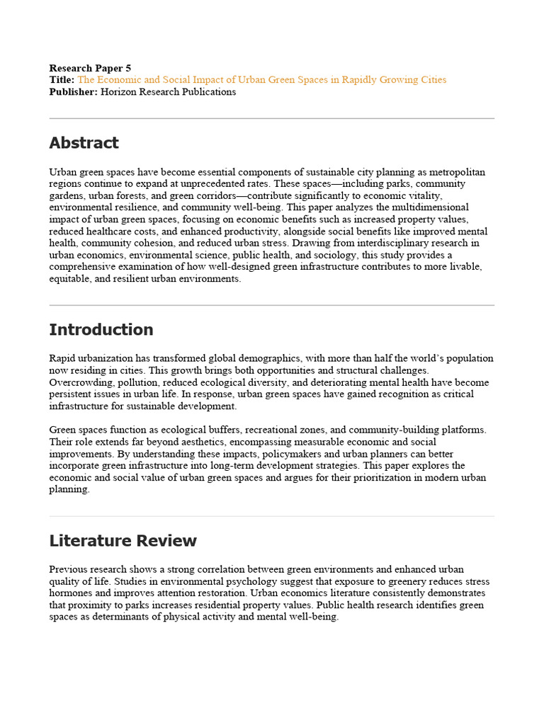 Economic and Social Benefits of Urban Green Spaces | PDF | Green ...