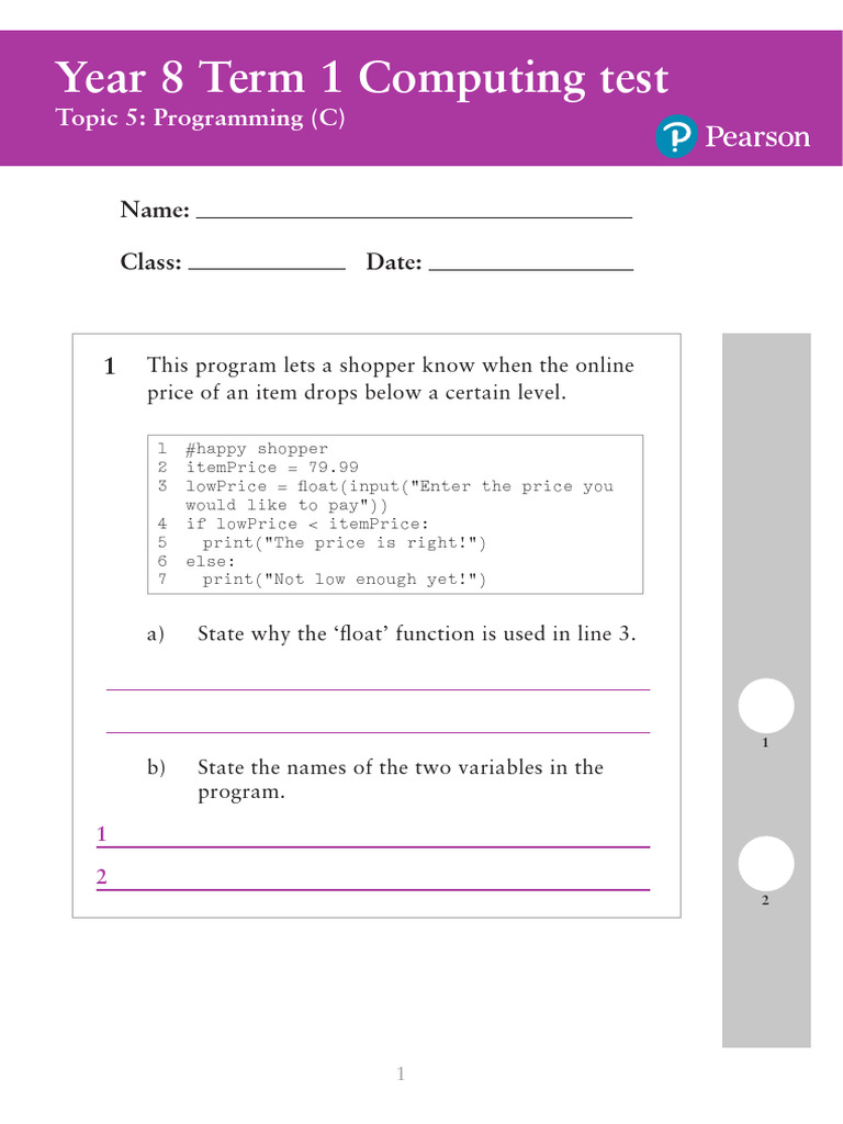 Year 8 Computing Programming Test | PDF