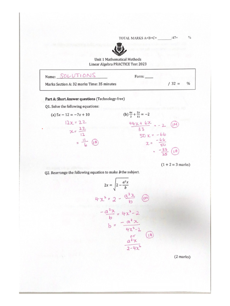 11mm Linear Algebra Practice Test Solutions - P Final | PDF | Equations ...