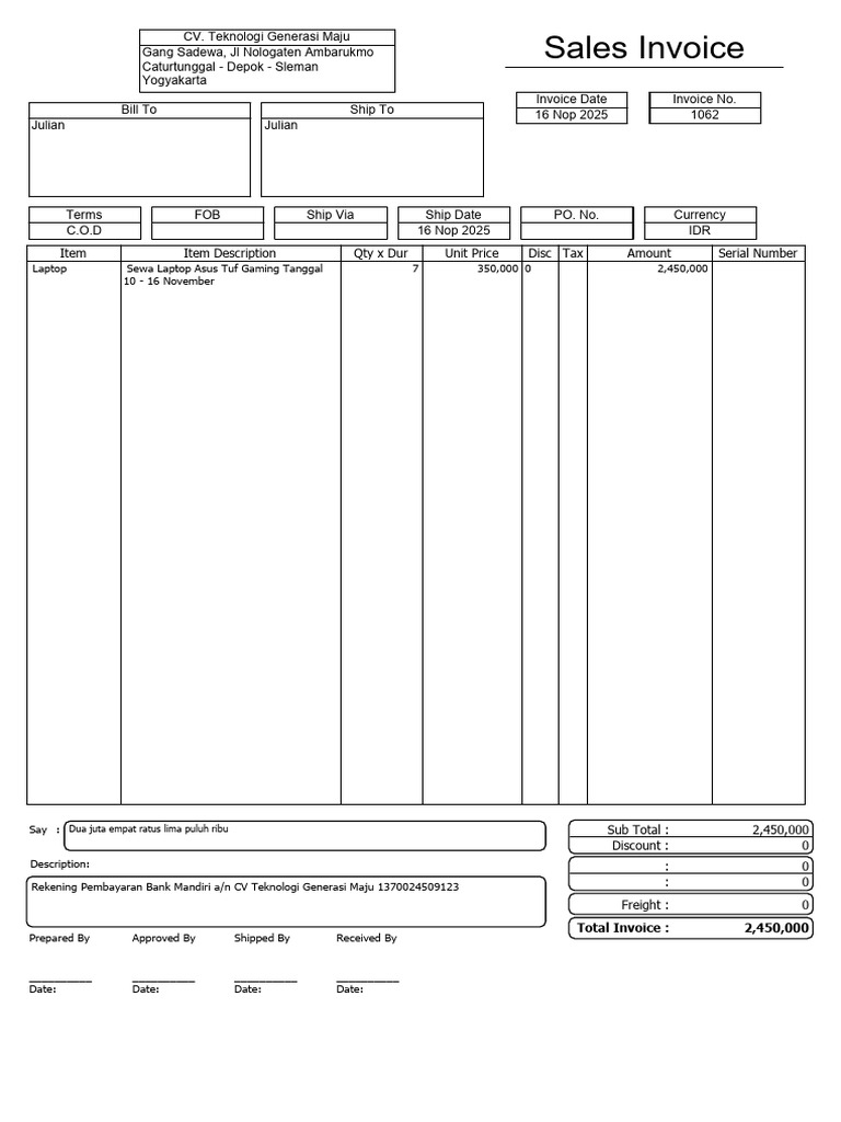 Invoice 10-16 Nov Asus TUF | PDF