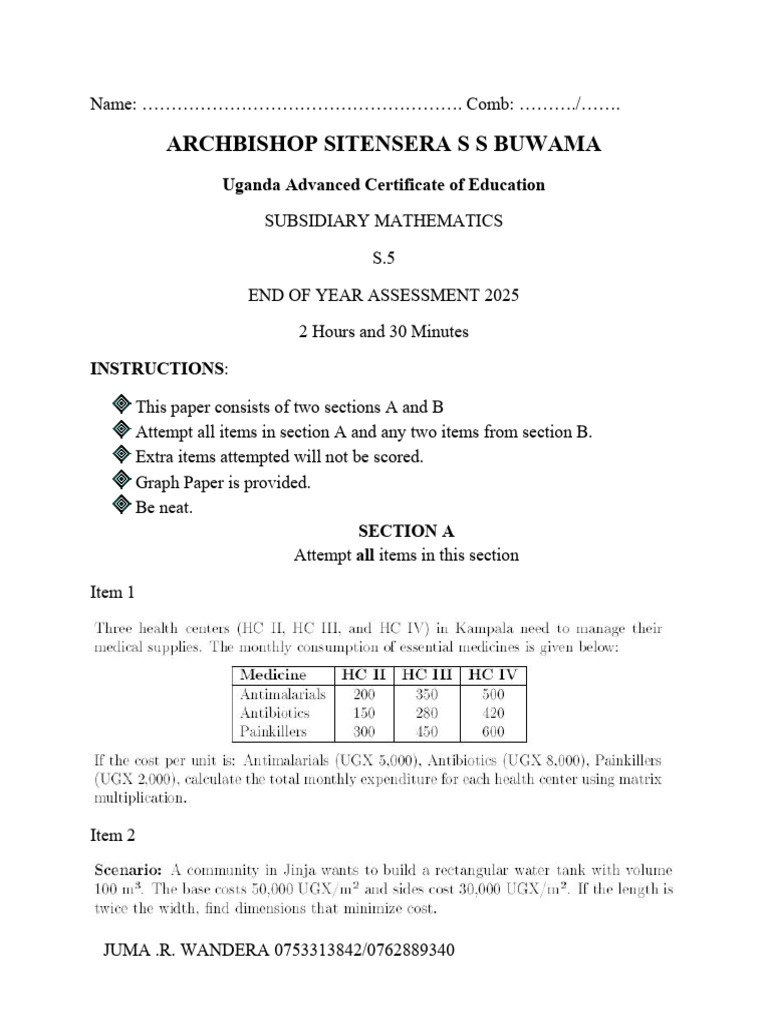 2025 Uganda A-Level Math Assessment | PDF