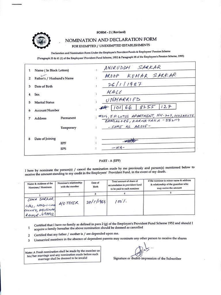 EPF & EPS Nomination Declaration Form | PDF | Demographic Economics ...