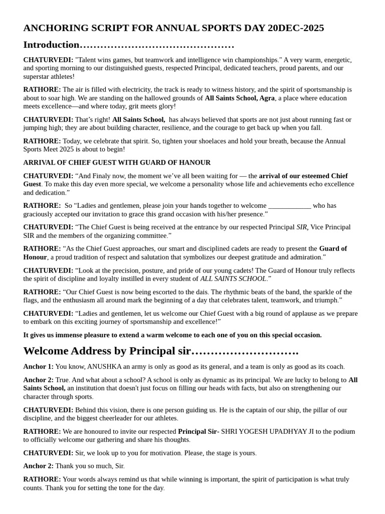 Annual Sports Day Anchoring Script 2025 | PDF