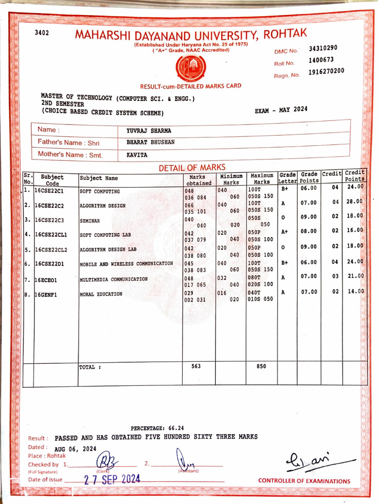 M.Tech Computer Science Result Card | PDF