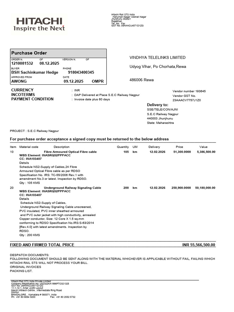 Purchase Order for Railway Cables | PDF | Indemnity | Legal Liability