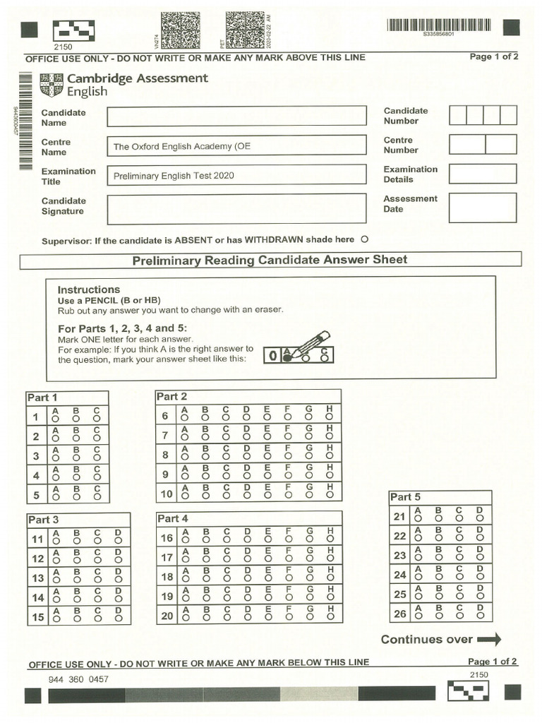 Answer Sheet PETfS Reading Blank | PDF