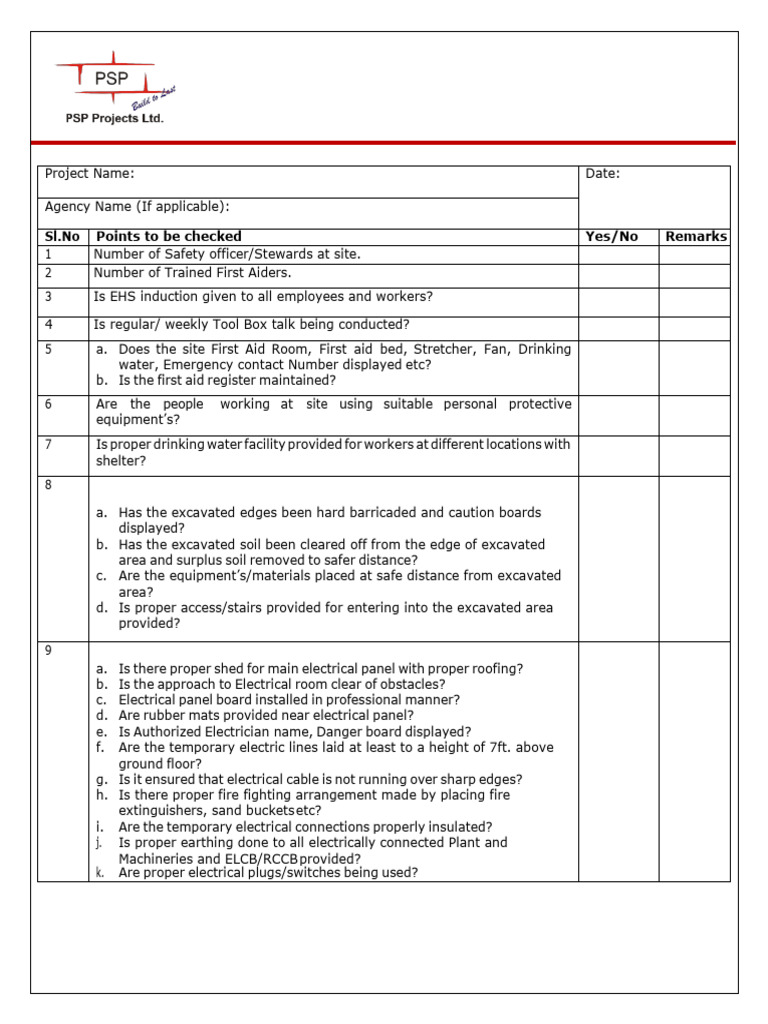 EHS Inspection Checklist for Construction | PDF | Crane (Machine ...