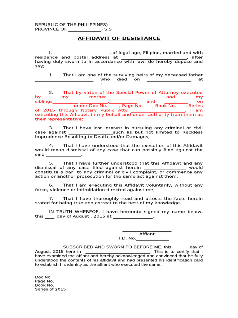 Affidavit of Desistance One Set | PDF | Affidavit | Common Law