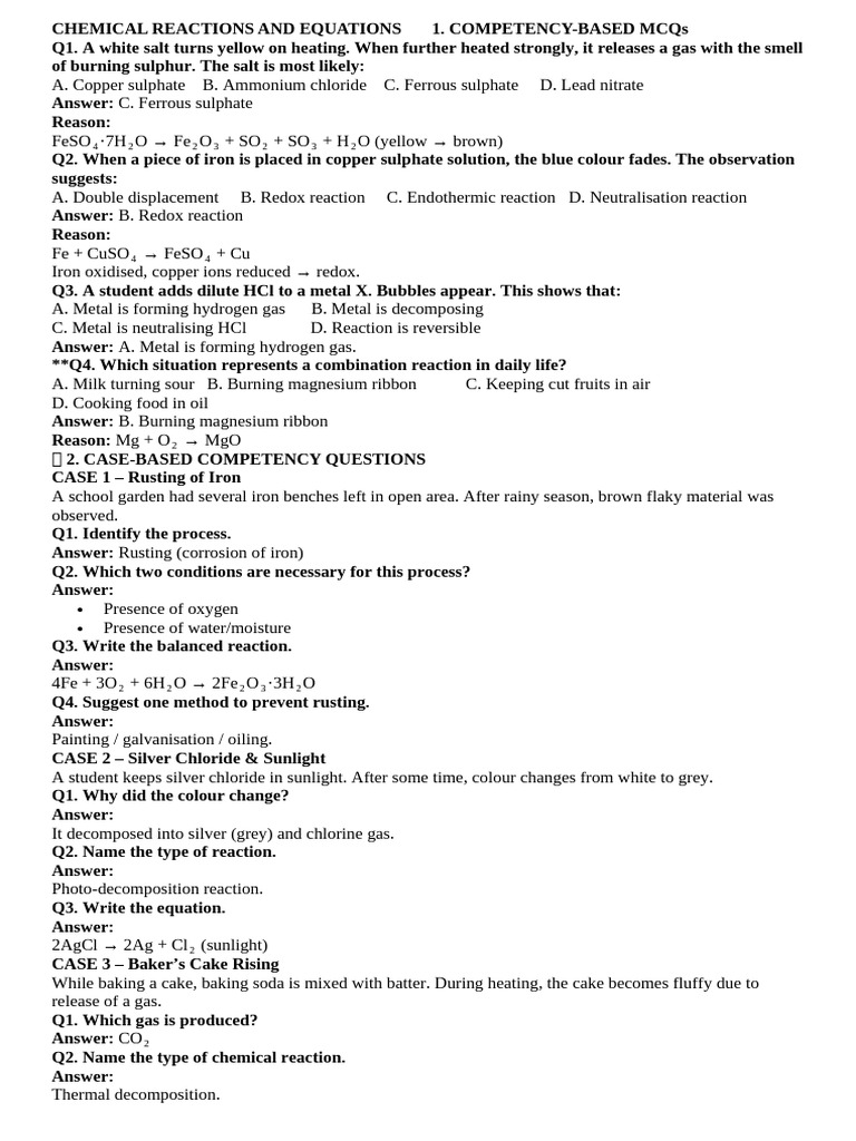Chemical Reactions MCQs and Cases | PDF | Acid | Sodium Bicarbonate