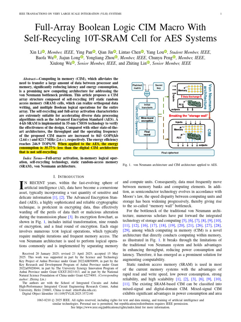 Self-Recycling 10T-SRAM for AES CIM | PDF | Mosfet | Electrical Engineering