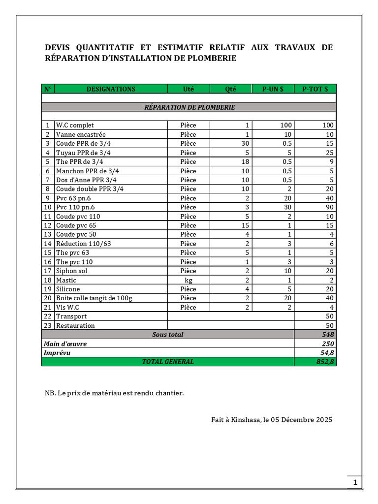 Devis Plomberie : Réparation et Estimation | PDF | Matériaux de ...