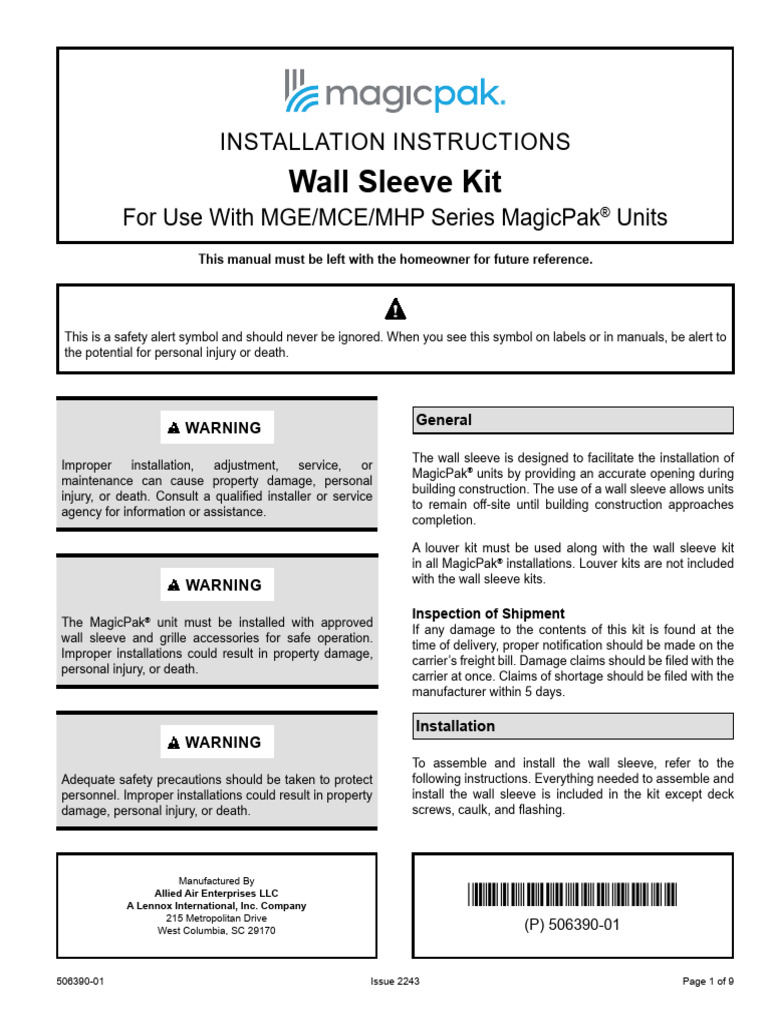 Magicpak Mseries Wallsleevekits Installationmanual | PDF | Wall