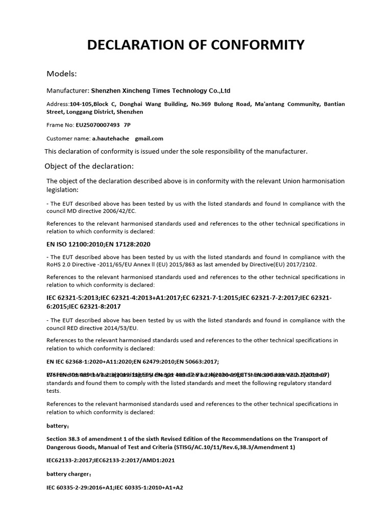 Declaration of Conformity for H7 Pro | PDF | International ...