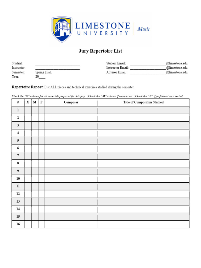 Jury Repertoire List Template | PDF