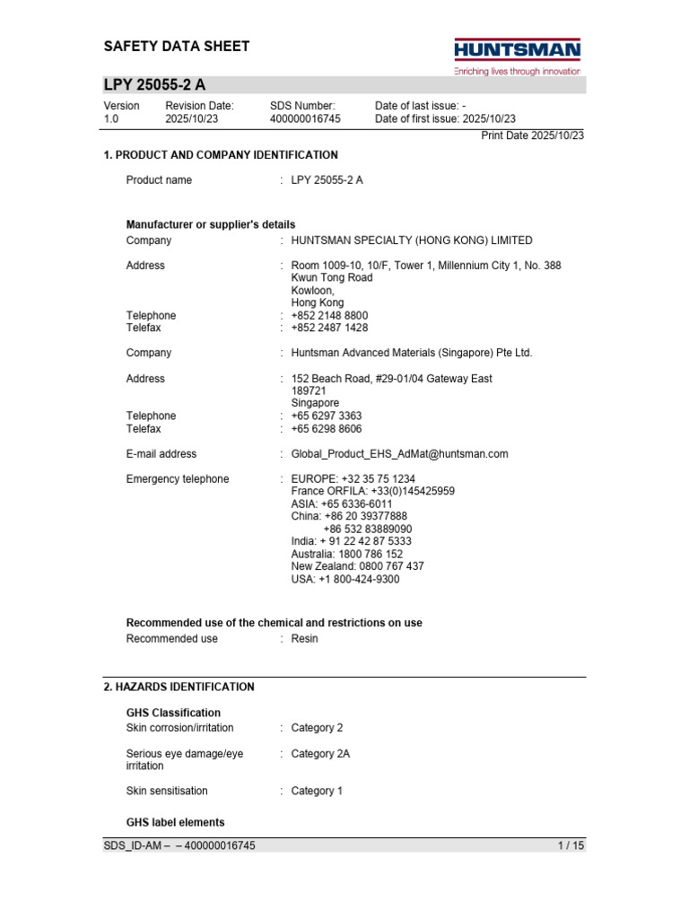 LPY 25055-2 A Safety Data Sheet | PDF | Toxicity | Occupational Safety ...