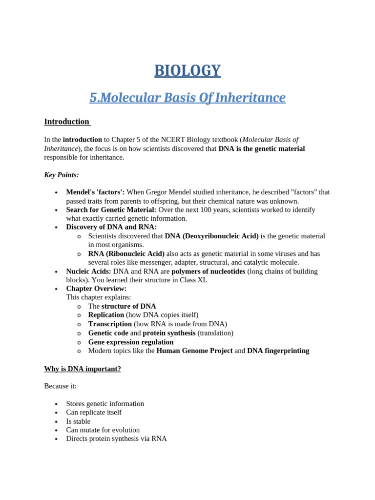 Molecular Basis of Inheritance Explained | PDF | Dna | Nucleotides