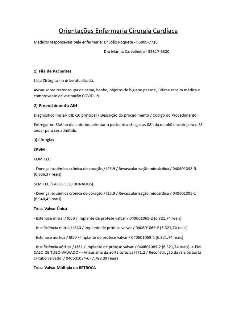 Orientações para Enfermaria de Cirurgia Cardíaca | PDF | Coração ...