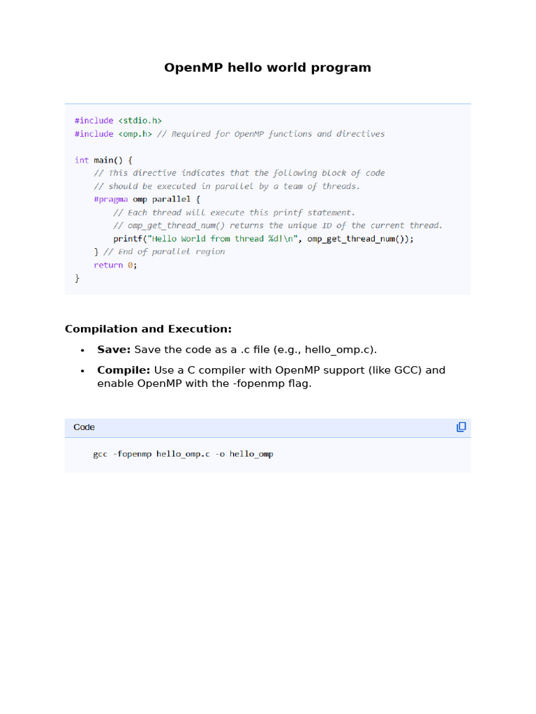 Openmp Hello World Program: Compilation and Execution: Save: Compile | PDF