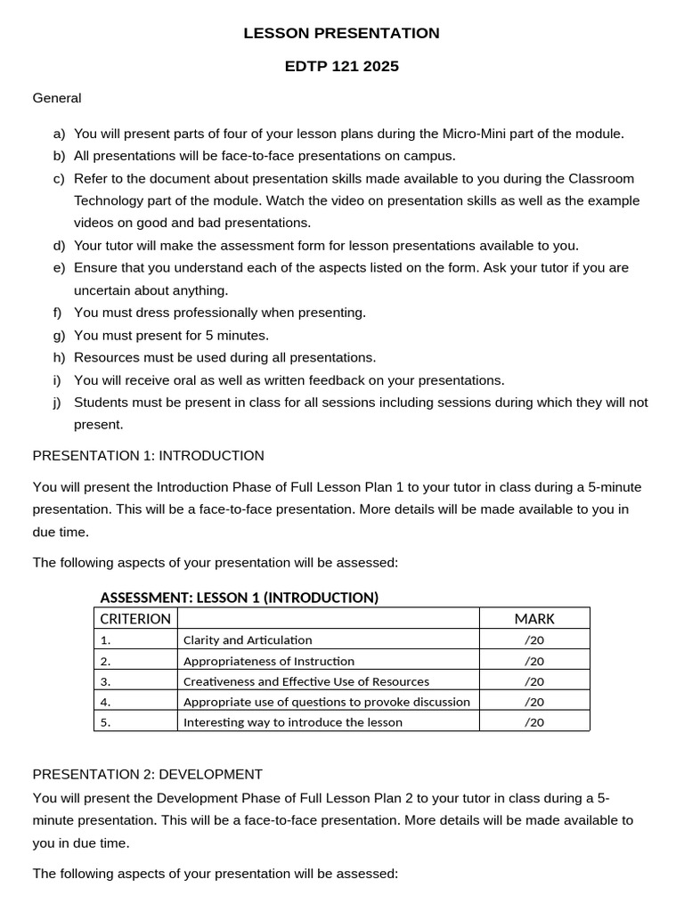 Lesson Presentation Guidelines for EDTP 121 | PDF | Learning ...