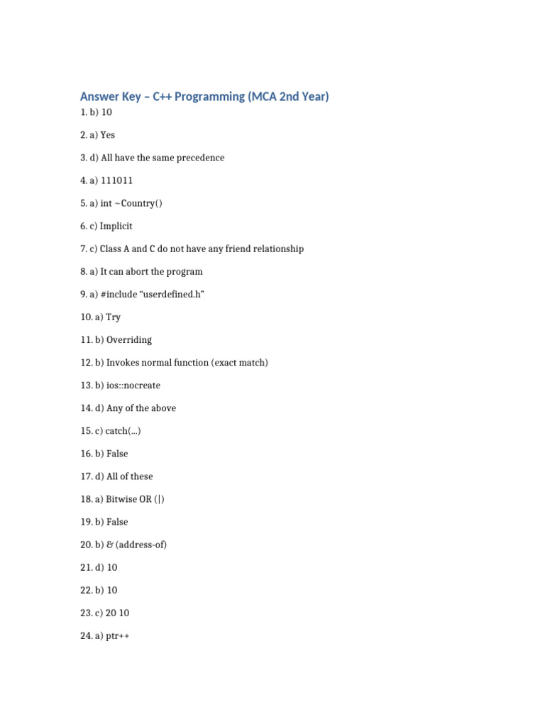 C++ Programming Answer Key for MCA | PDF