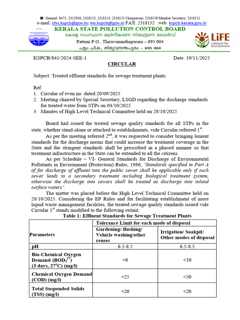 Treated Effluent Standards for STPs in Kerala | PDF | Sewage Treatment ...