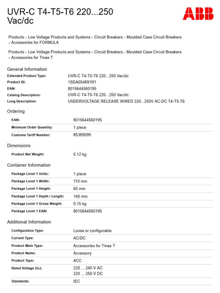 UVR-C T4-T5-T6 Undervoltage Release 220-250V | PDF