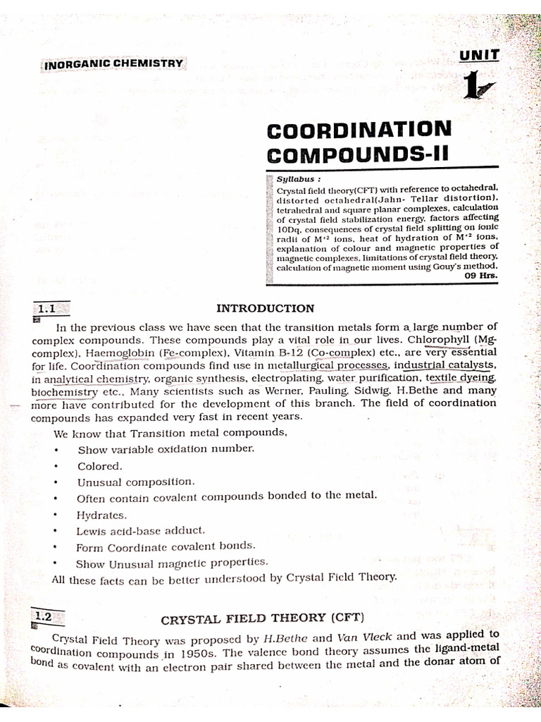 Chemistry 6th Sem Notes Unit 1 Coordination Chemistry | PDF