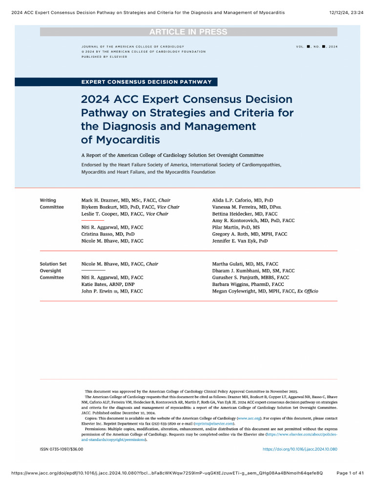 2024 ACC Myocarditis Management Guidelines | PDF | Diseases And ...