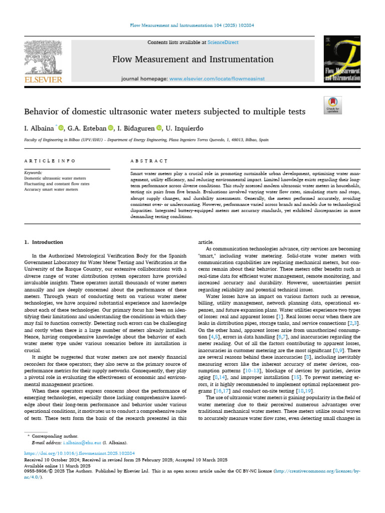 Ultrasonic Water Meters: Performance Study | PDF | Flow Measurement ...