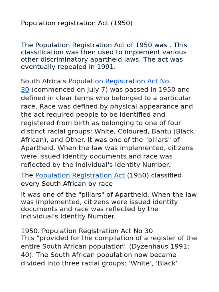 South Africa's 1950 Population Registration Act | PDF | Apartheid ...