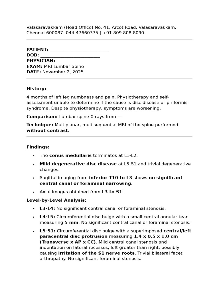 MRI Report: Lumbar Spine Findings | PDF