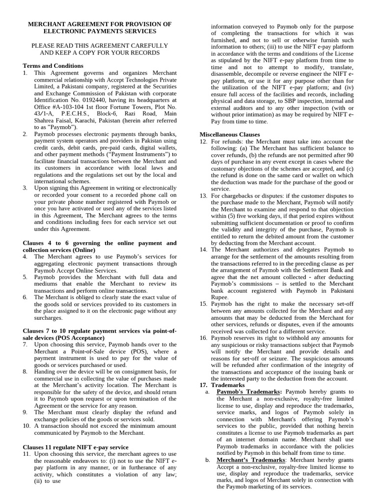 Merchant Agreement for Payment Services | PDF | Indemnity | Payments