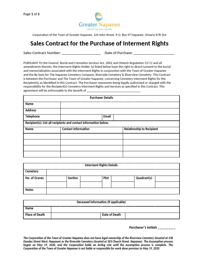 Napanee Cemetery Interment Rights Contract | PDF | Burial | Cemetery