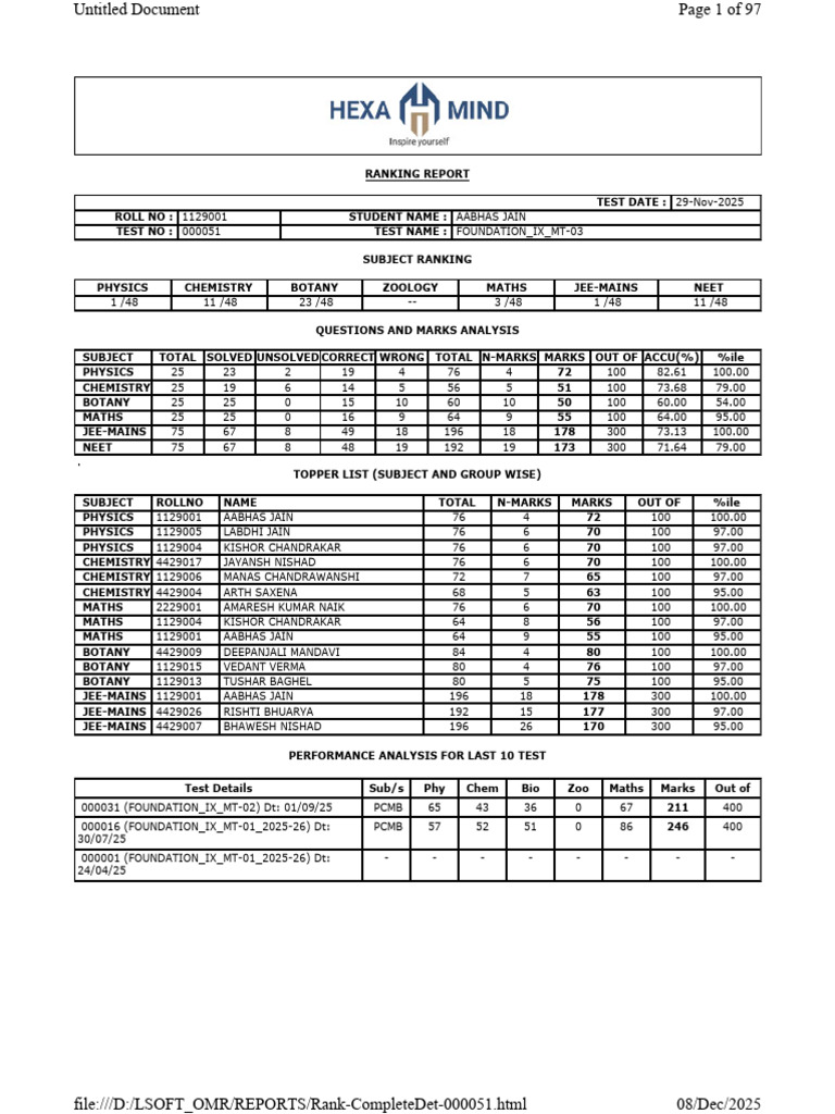 Rank Report - Foundation - Ix - MT-03-2025-26 | PDF | Science Education ...