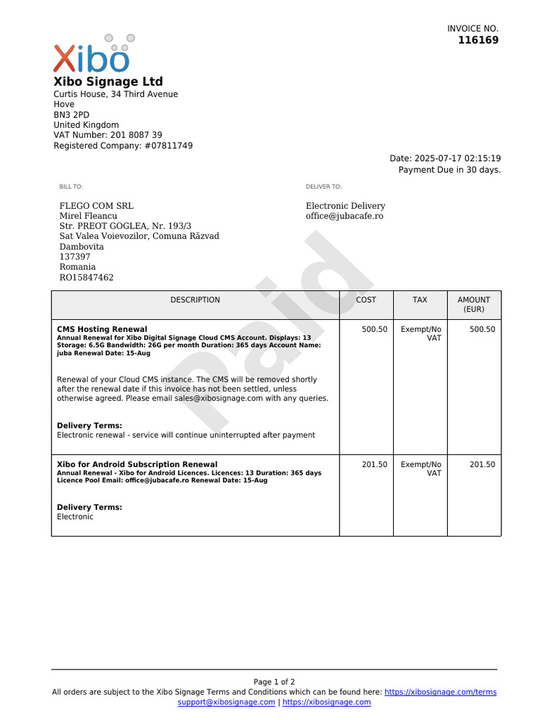 Xibo Signage Invoice #116169 Details | PDF | Value Added Tax | Invoice
