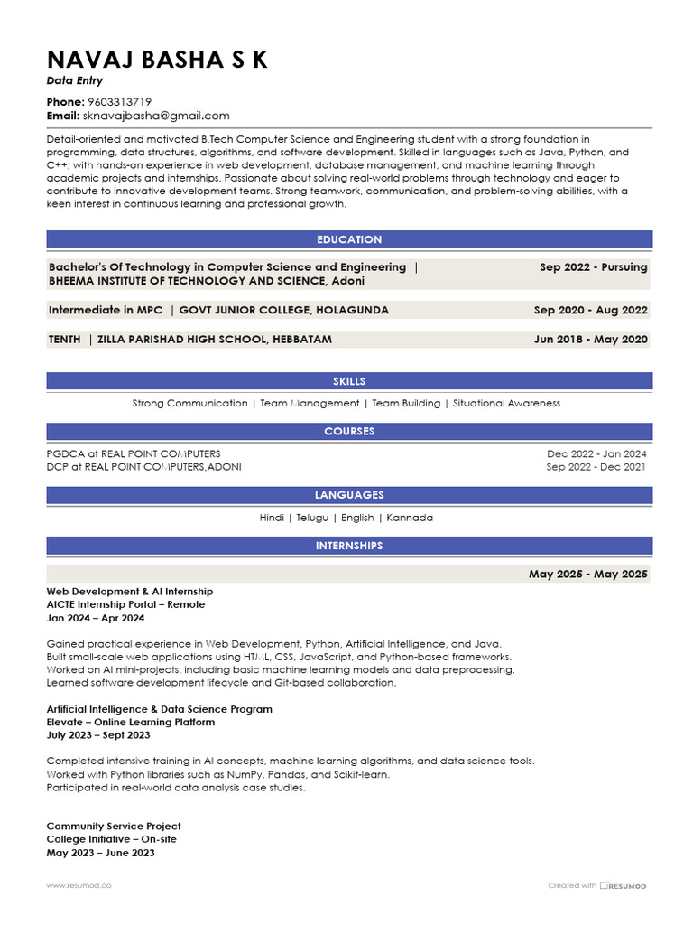 B.Tech Computer Science Student Profile | PDF | Artificial Intelligence ...