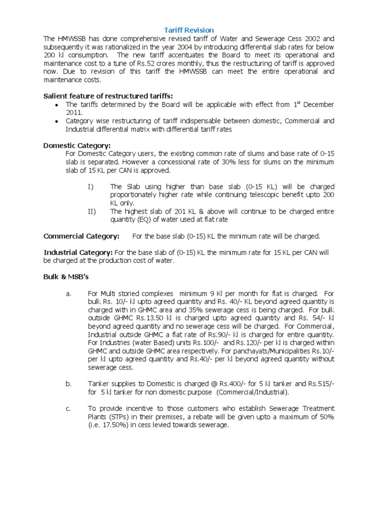 Water Tariff Tariff Fresh Water