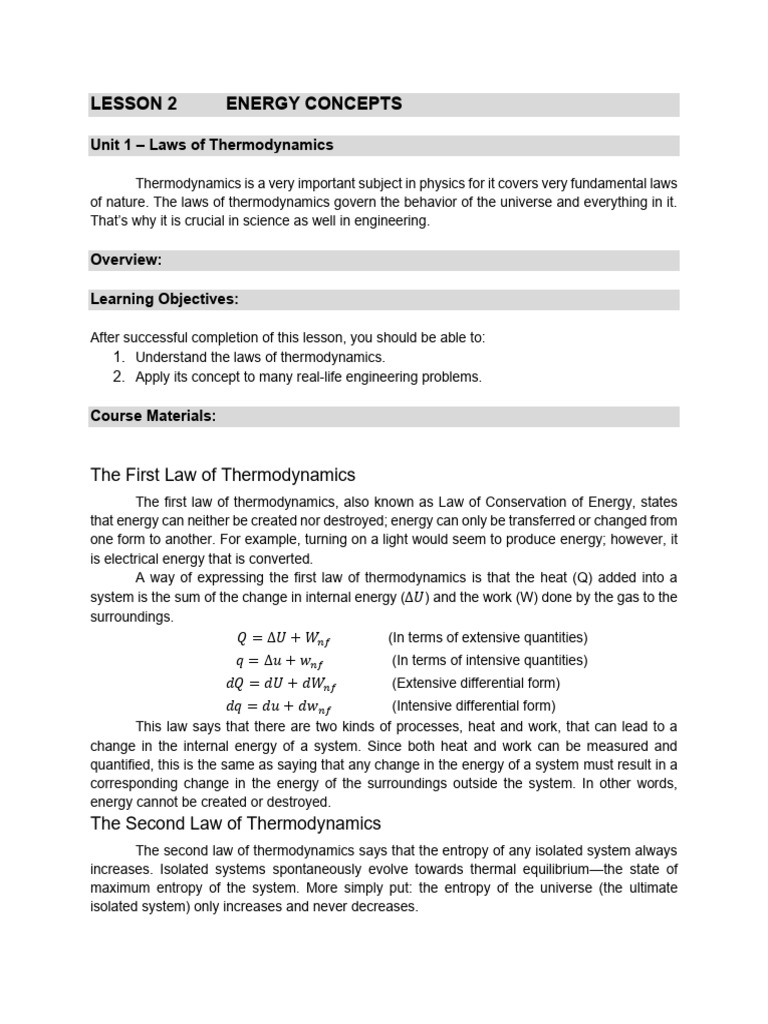 Basic Thermodynamics Lesson 2 Energy Concepts | PDF | Entropy | Heat