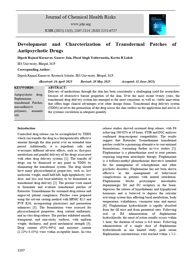 Transdermal Patches for Antipsychotic Drugs | PDF | Bioavailability ...