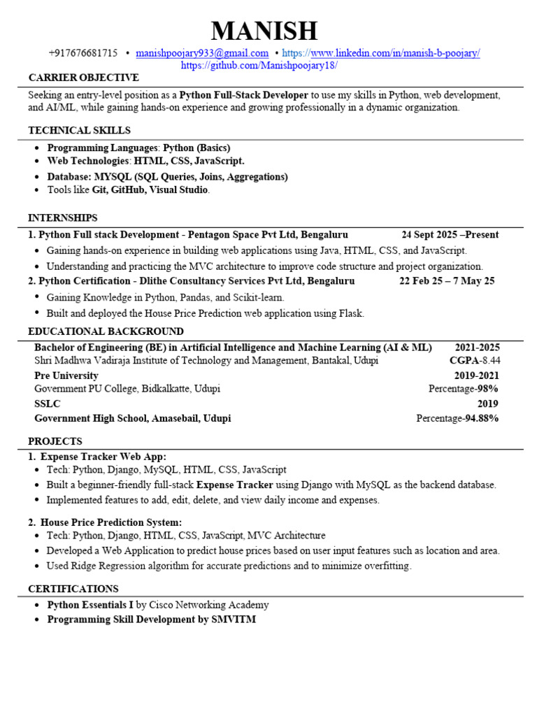 Entry-Level Python Full-Stack Developer Resume | PDF | Web Application ...