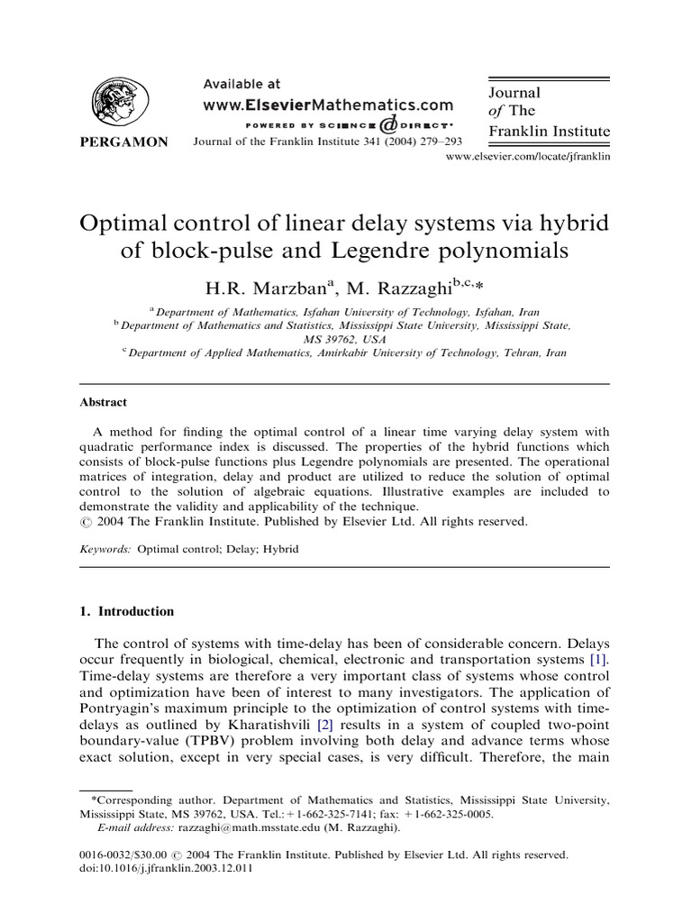 Optimal Control of Delay Systems | PDF | Integral | Equations
