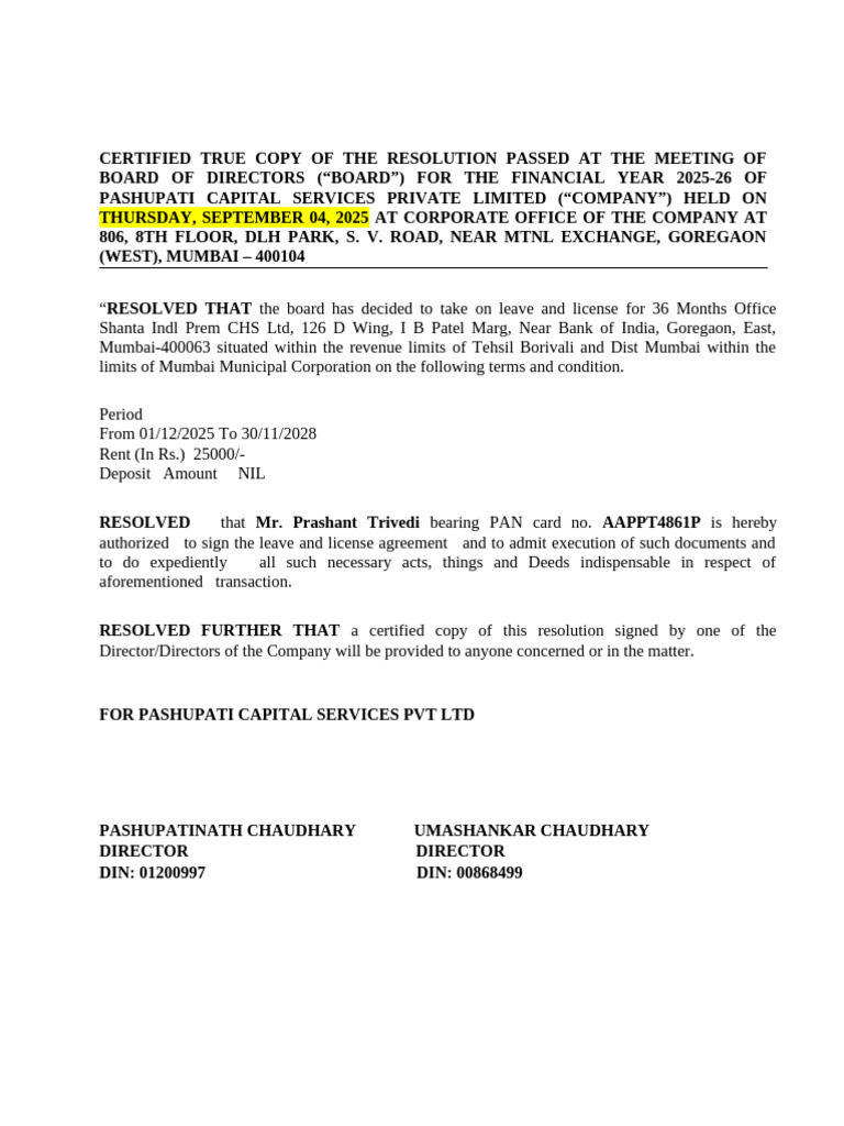 Board Resolution for Office Lease 2025-26 | PDF