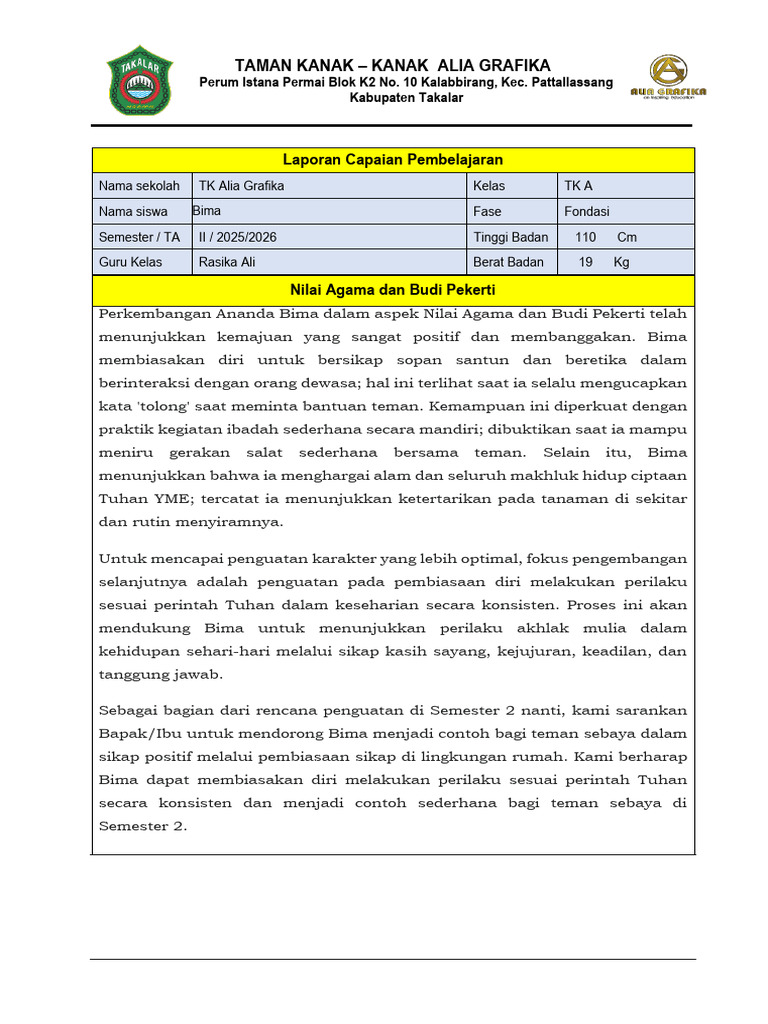 Contoh 13 Rapor TKA 2025-2026 Semester 1 | PDF