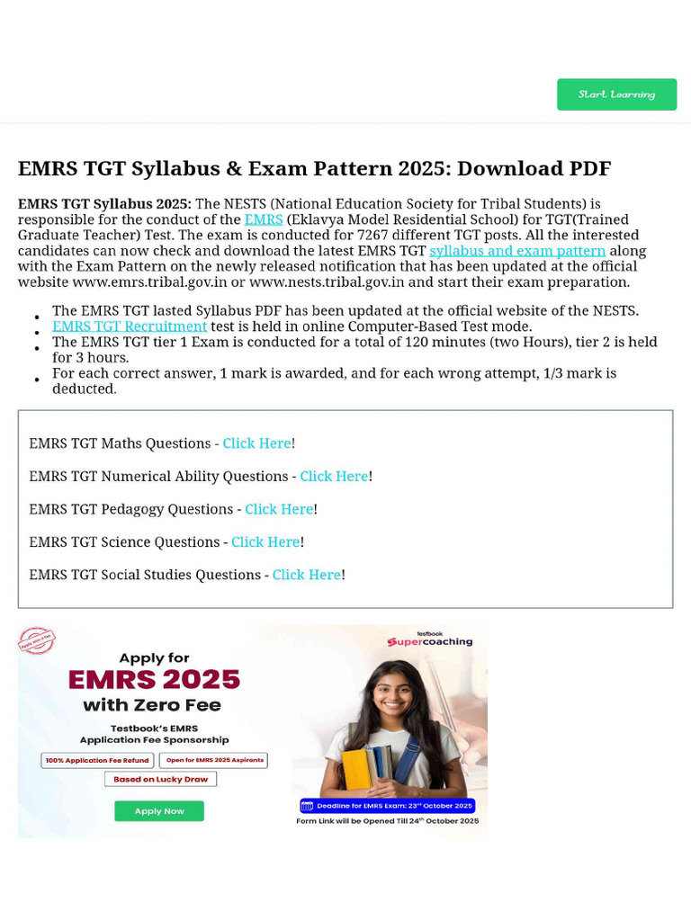 EMRS TGT Syllabus & Exam Pattern 2025 - Download PDF | PDF