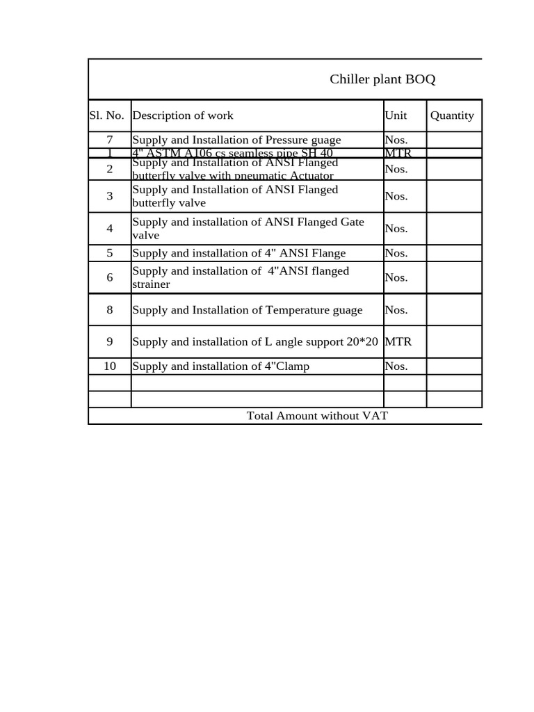 605155997 Plant Chiller BOQ | PDF | Pipe (Fluid Conveyance) | Valve