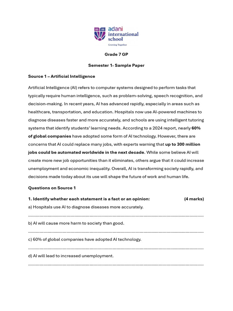 Grade 7 AI and Digital Well-Being Paper | PDF | Artificial Intelligence ...