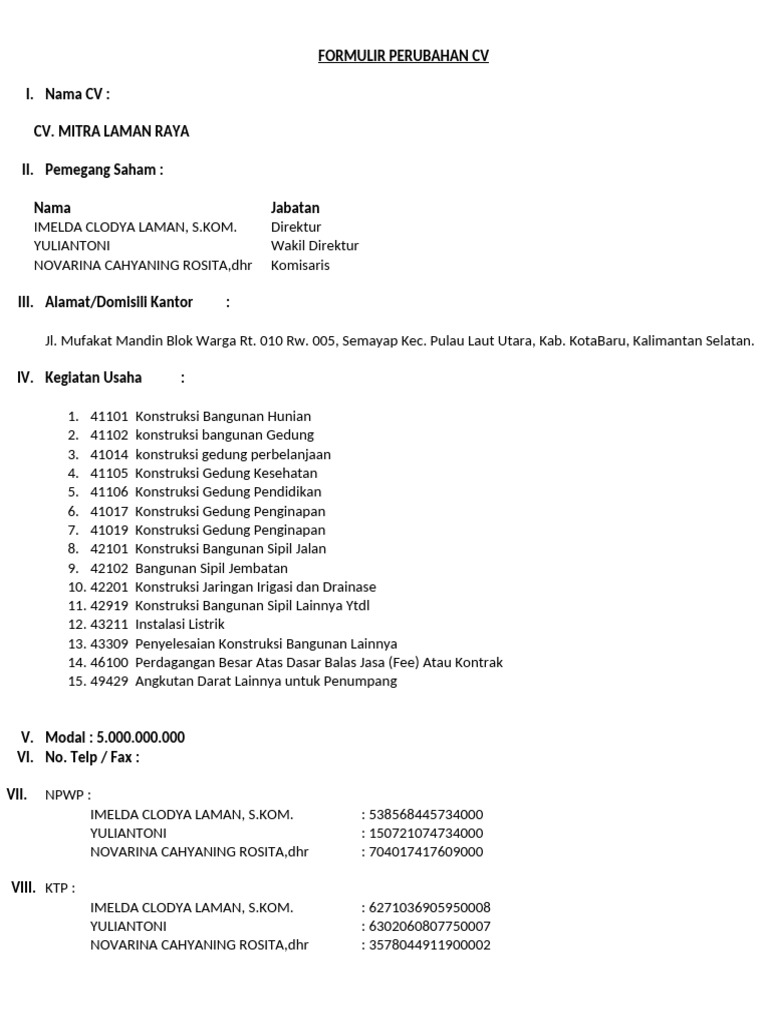 Formulir Perubahan CV Mitra Laman Raya | PDF