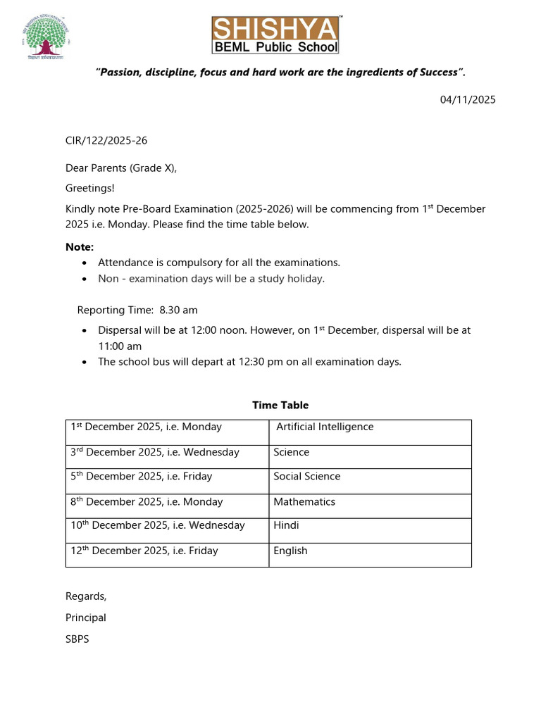 Grade X Pre-Board Exam Schedule 2025 | PDF