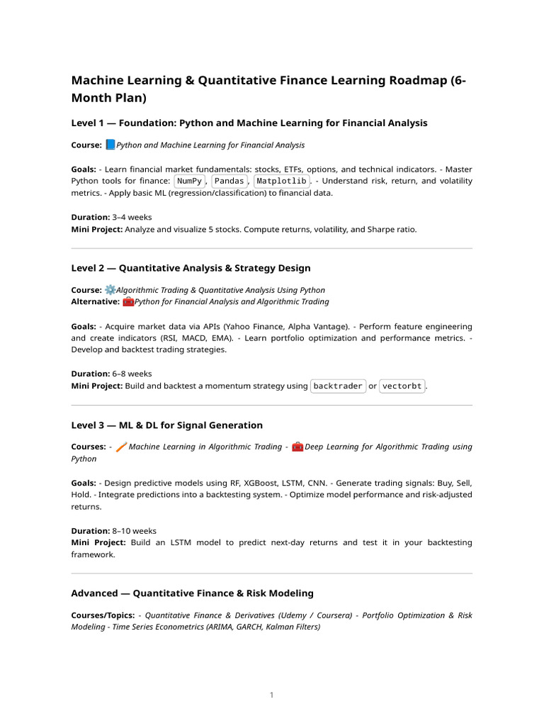 6-Month Machine Learning Finance Roadmap | PDF | Algorithmic Trading ...