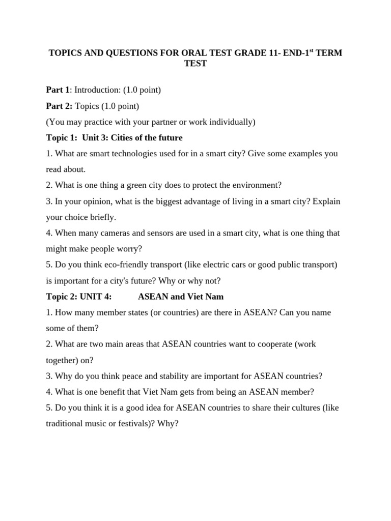 Topics and Questions for Oral Test Grade 11 | PDF